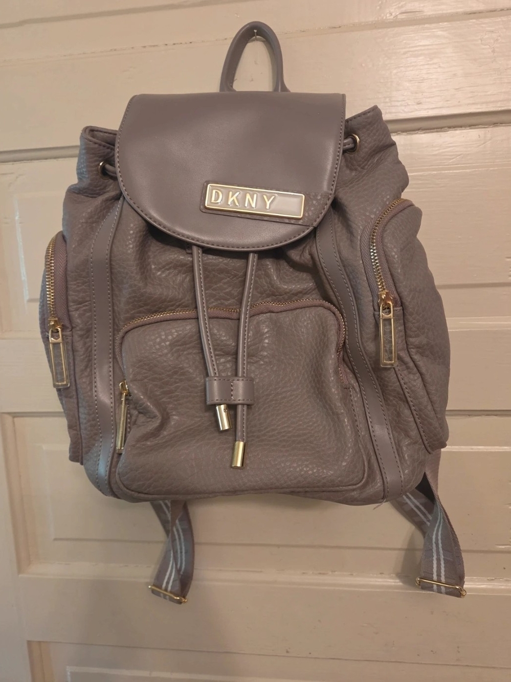 DKNY Grey Pebbled Leather Drawstring Backpack with Gold Hardware